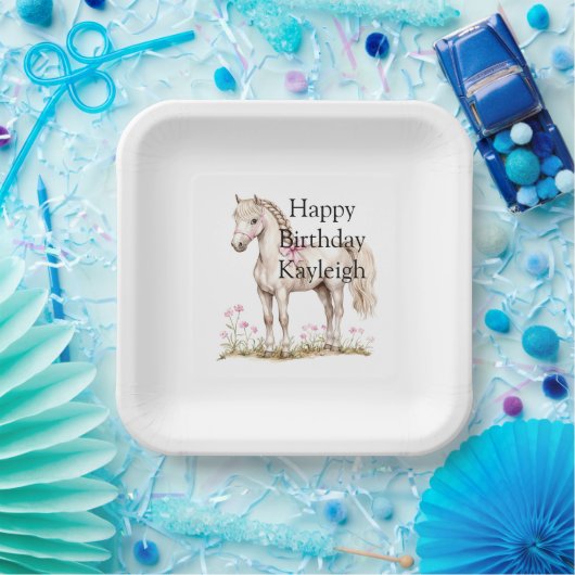 Witte Paard Roze Boog Bloemen Verjaardag Papieren Bordje (Feest)