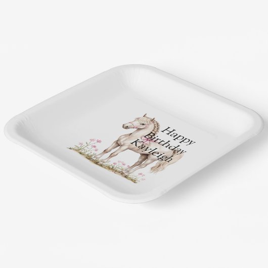 Witte Paard Roze Boog Bloemen Verjaardag Papieren Bordje (Gebogen)