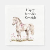 Witte Paard Roze Boog Bloemen Verjaardag Servet (Voorkant)