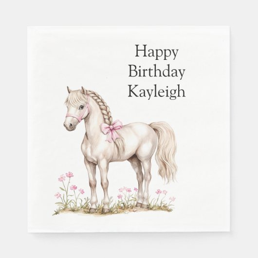 Witte Paard Roze Boog Bloemen Verjaardag Servet (Voorkant)