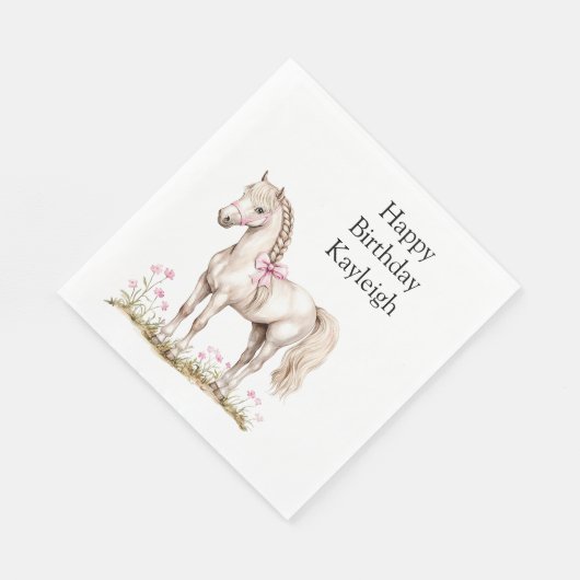 Witte Paard Roze Boog Bloemen Verjaardag Servet (Hoek)