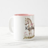 Witte Paard Roze Boog Bloemen Verjaardag Tweekleurige Koffiemok (Voorkant links)