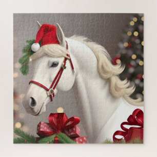 Witte Paard Santa Hoed Kerst Scene Voor Feestdagen Legpuzzel