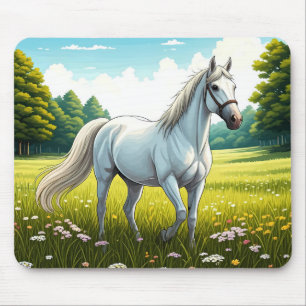 Witte paard staand in een veld met gras muismat