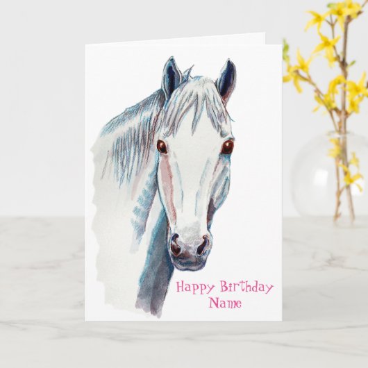 Witte Paard Verjaardag Kaart (Gele Bloem)