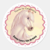Witte Paard Verjaardagsfeestje Dank u Ronde Sticker (Voorkant)