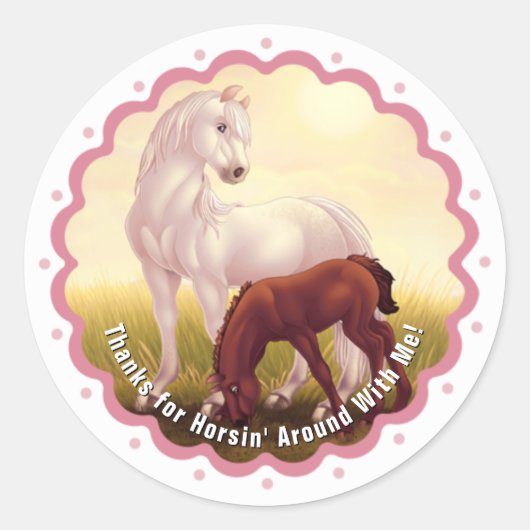 Witte Paard Veulen Verjaardagsfeest Dank u Ronde Sticker (Voorkant)