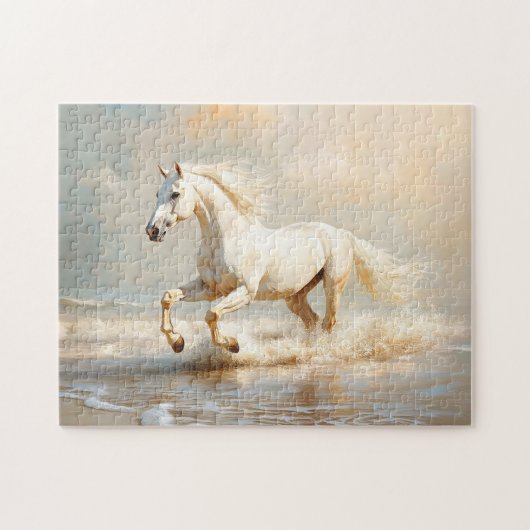 Witte paarden aan de strand legpuzzel (Horizontaal)
