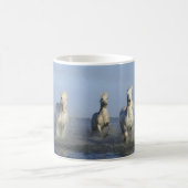 Witte paarden aan strand met Mok van Ocean Coffee (Center)