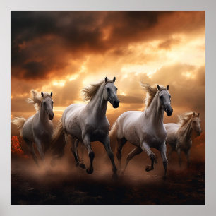 Witte paarden bij zonsondergang poster
