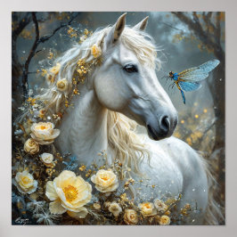 Witte paarden en bloemen poster