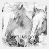 Witte Paarden Gepersonaliseerd Ex-Libris Vierkante Sticker (Voorkant)