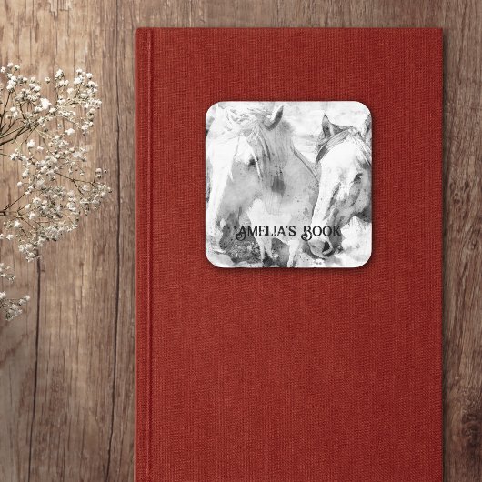 Witte Paarden Gepersonaliseerd Ex-Libris Vierkante Sticker
