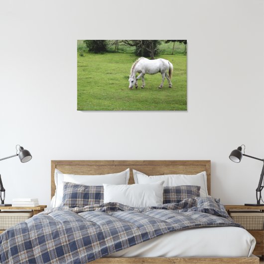 Witte paarden grazen in een veld canvas afdruk (Insitu (Slaapkamer))
