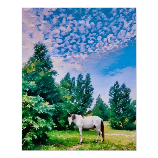 Witte paarden grazen in serene groene weide perfect poster (Voorkant)