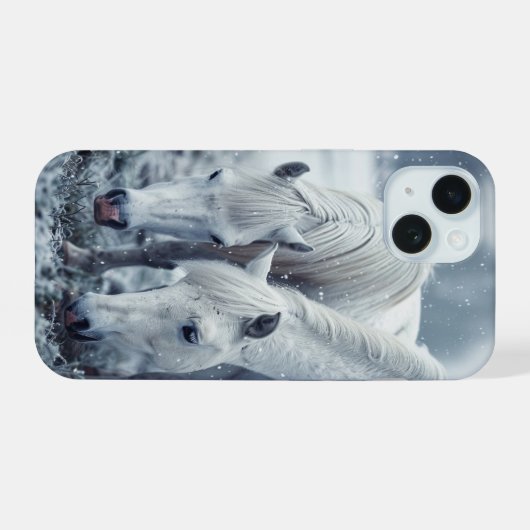 Witte paarden iPhone 15 case (Achterkant horizontaal)