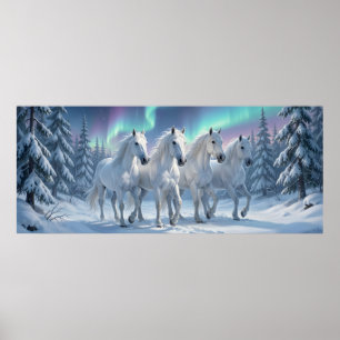 Witte paarden onder het noorderlicht in een winter poster
