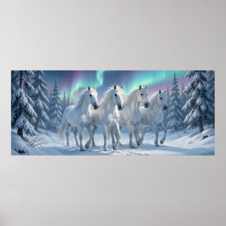 Witte paarden onder het noorderlicht in een winter poster