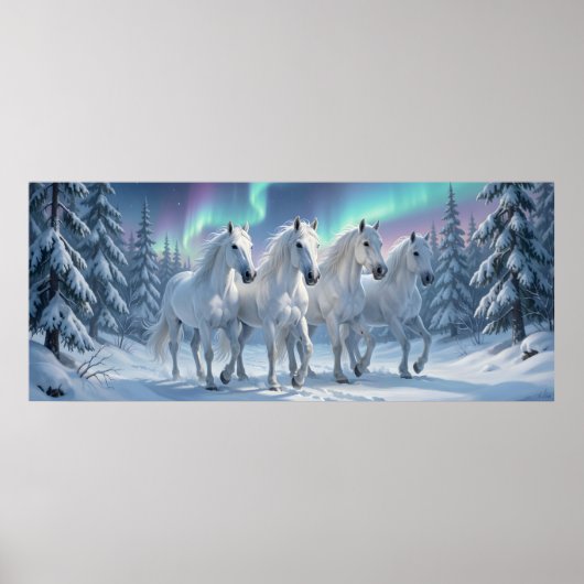Witte paarden onder het noorderlicht in een winter poster (Voorkant)