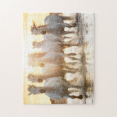 Witte paarden op strand op zonsondergang legpuzzel (Verticaal)