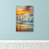 Witte paarden rennen op het strand bij zonsonderga canvas afdruk (Insitu (Houten vloer))