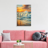 Witte paarden rennen op het strand bij zonsonderga canvas afdruk (Insitu (Woonkamer))