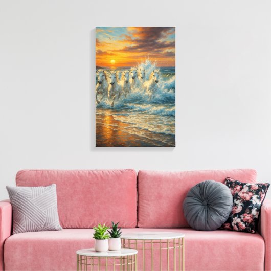 Witte paarden rennen op het strand bij zonsonderga canvas afdruk (Insitu (Woonkamer))