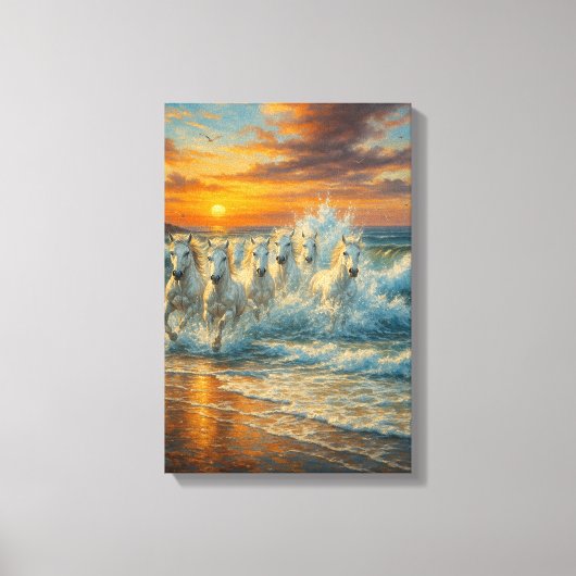 Witte paarden rennen op het strand bij zonsonderga canvas afdruk (Voorkant)