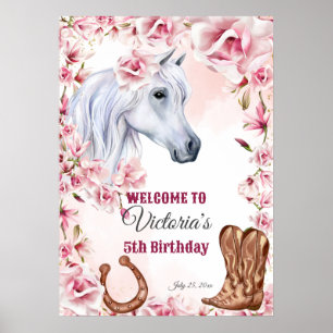 Witte paardenroze bloemen cowgirl welkom poster