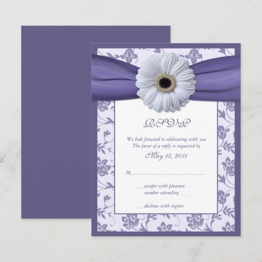 Witte Paarse Bloemen Damask Wedding Reply Kaart (Voorkant / Achterkant)