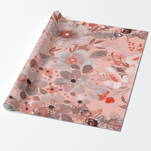Witte & paarse bloemen op een roze patroon cadeaupapier (Uitgerold)