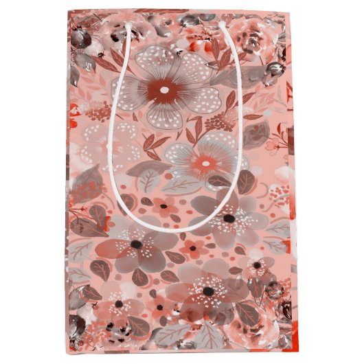 Witte & paarse bloemen op een roze patroon medium cadeauzakje (Voorkant)