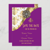 Witte, paarse en gouden damast bewaar de datum aankondigingskaart (Voorkant / Achterkant)