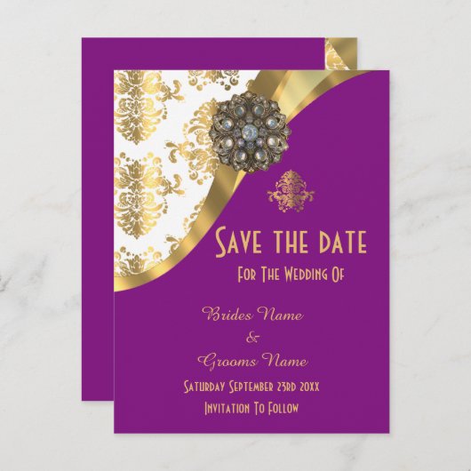 Witte, paarse en gouden damast bewaar de datum aankondigingskaart (Voorkant / Achterkant)
