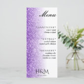 Witte & Paarse Glitter Diner Bruiloft Receptie Menu (Staand voorkant)