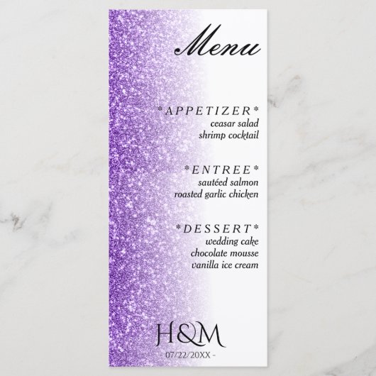 Witte & Paarse Glitter Diner Bruiloft Receptie Menu (Voorkant)