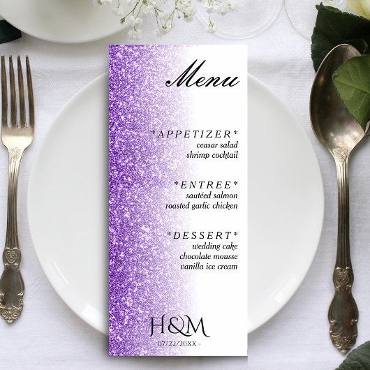 Witte & Paarse Glitter Diner Bruiloft Receptie Menu
