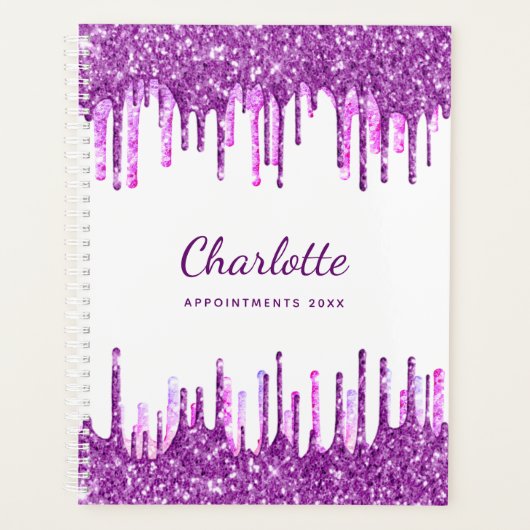 Witte paarse glitter druppelt roze monogram planner (Voorkant)