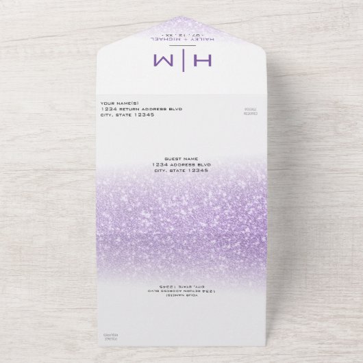 Witte & Paarse Glitter Ombre Moderne foto bruiloft All In One Uitnodiging (Buitenkant)