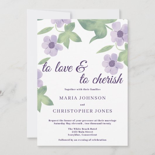 Witte paarse lavender mint lila bloembruiloft kaart (Voorkant)