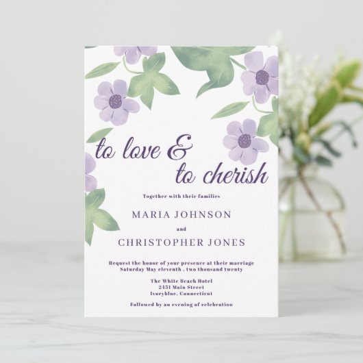 Witte paarse lavender mint lila bloembruiloft kaart (Staand voorkant)