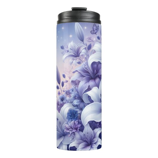 Witte Paarse Lily Butterfly Sparkle Thermosbeker (Voorkant)