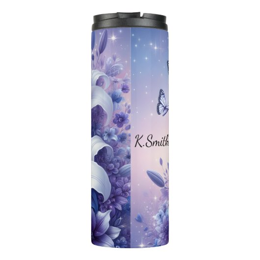 Witte Paarse Lily Butterfly Sparkle Thermosbeker (Achterkant)