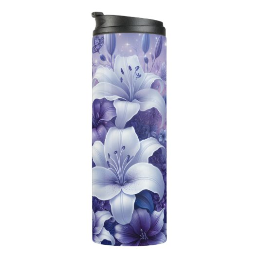 Witte Paarse Lily Butterfly Sparkle Thermosbeker (Geroteerd rechts)