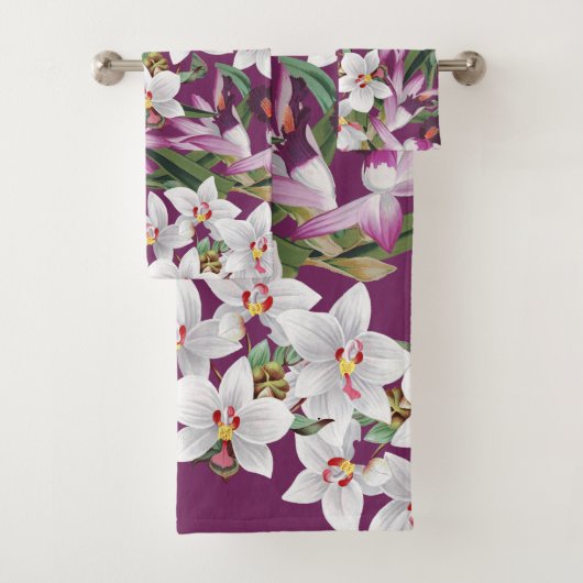 witte Paarse Orchid Flowers Bath Towel Set Bad Handdoek (Insitu)
