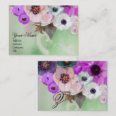 WITTE PAARSE ROZEN EN ANEMONE FLOWERS MONOGRAM VISITEKAARTJE (Voorkant / Achterkant)