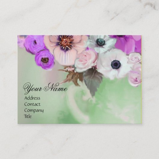 WITTE PAARSE ROZEN EN ANEMONE FLOWERS MONOGRAM VISITEKAARTJE (Voorkant)
