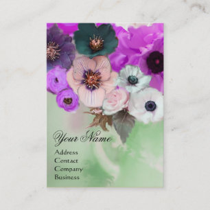 WITTE PAARSE ROZEN EN ANEMONEBLOEMEN MONOGRAM VISITEKAARTJE
