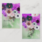 WITTE PAARSE ROZEN EN ANEMOON BLOEMEN MONOGRAM VISITEKAARTJE (Voorkant / Achterkant)