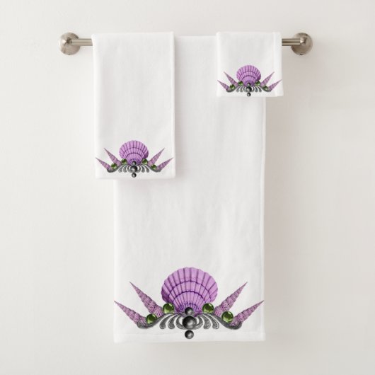 WITTE PAARSE SEASHELLBATHROOM TOWEL SET BAD HANDDOEK (Insitu)